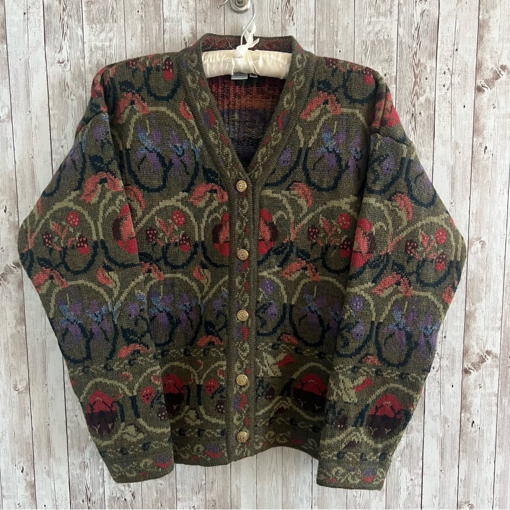 Cherry Lewis Wool Elegant Floral Knit Cardigan Multicolor Womens Medium